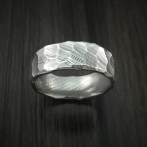 Damascus Steel Ring with Hammer Rock Finish