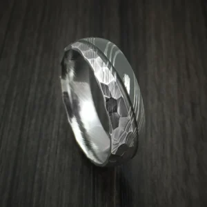 Damascus Steel Ring with Hammer Rock Finish Two Tone