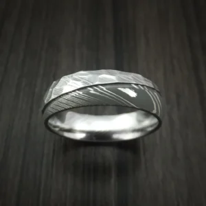 Damascus Steel Ring with Hammer Rock Finish Two Tone