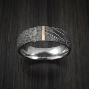 Damascus Steel Men's Ring Vertical 14k Rose Gold Inlay